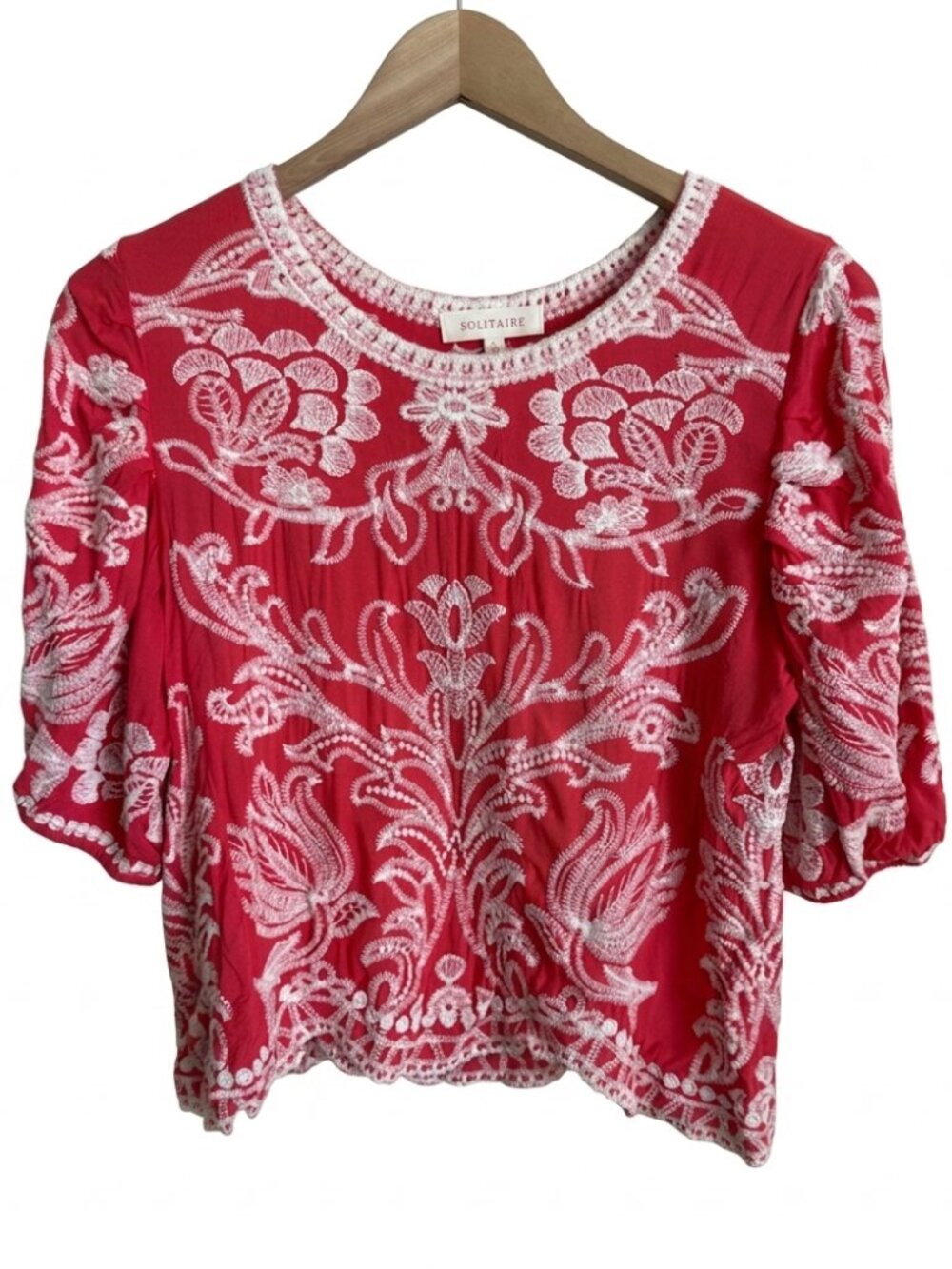 Boho Embroidered Floral Puff Sleeve Crop Top L Red White Scalloped Solitaire